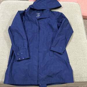 L.L.Bean Women's H2OFF Mesh-Lined Raincoat Mid-Length Hooded Trench Navy Blue Si